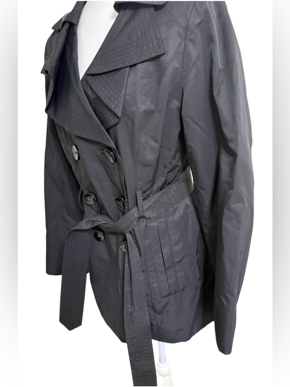 LONDON FOG BLACK DOUBLE BREASTED TRENCH COAT BELTED WOMEN’S SMALL JACKET - Picture 6 of 14